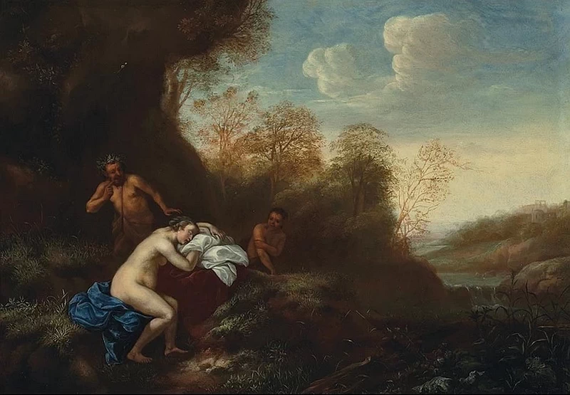 Una ninfa dormiente con due fauni in un paesaggio